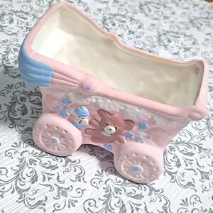 Vintage 80's Ceramic Pink Baby Stroller Planter Buggy Teddy Bear